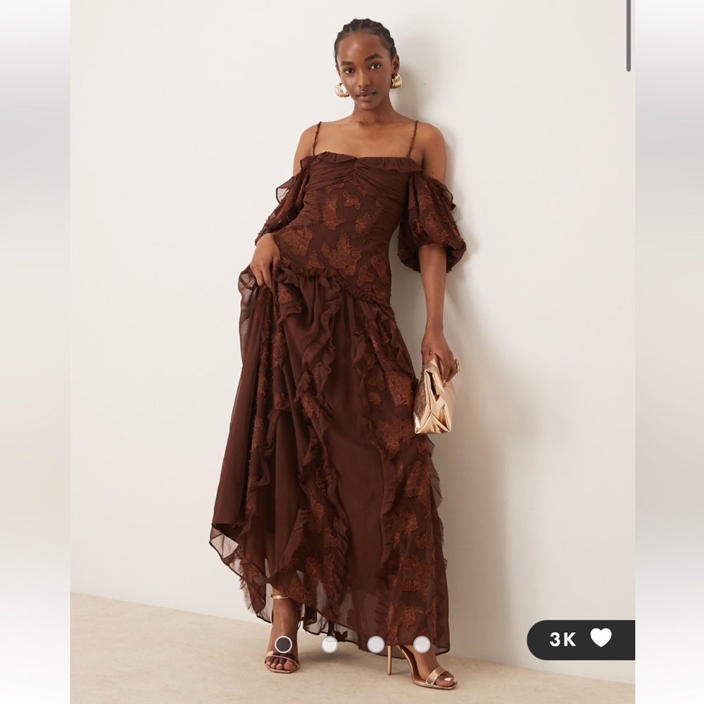 ASOS DESIGN bardot puff sleeve midi dress dropped hem in floral jacquard